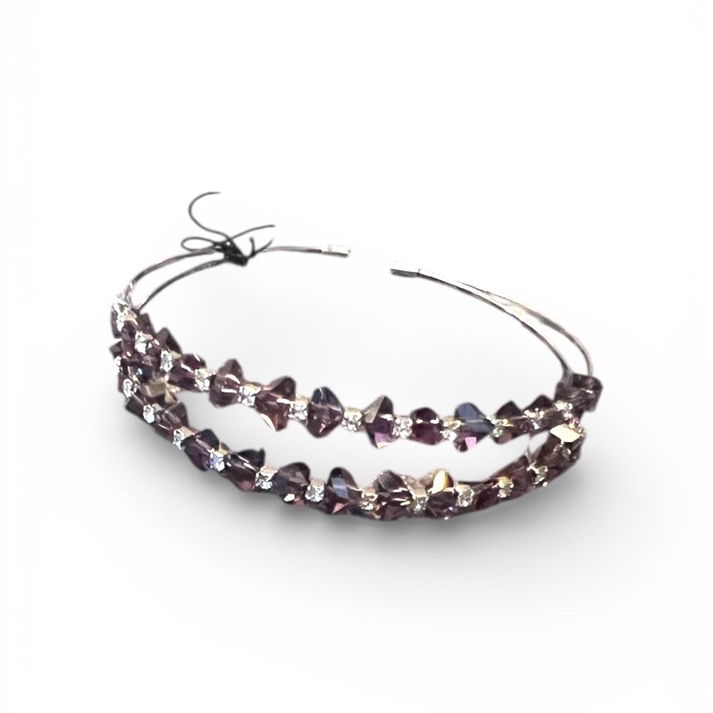 Purple Crystal Beaded Bracelet Double Strand Silver Tone